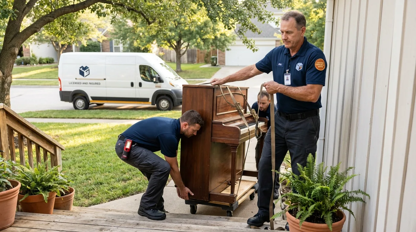 Licensed piano movers securing grand piano in Fountain Green, UT
