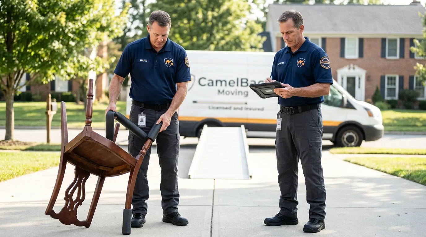 Movers inspecting furniture for damage prevention before loading in Fountain Green, UT