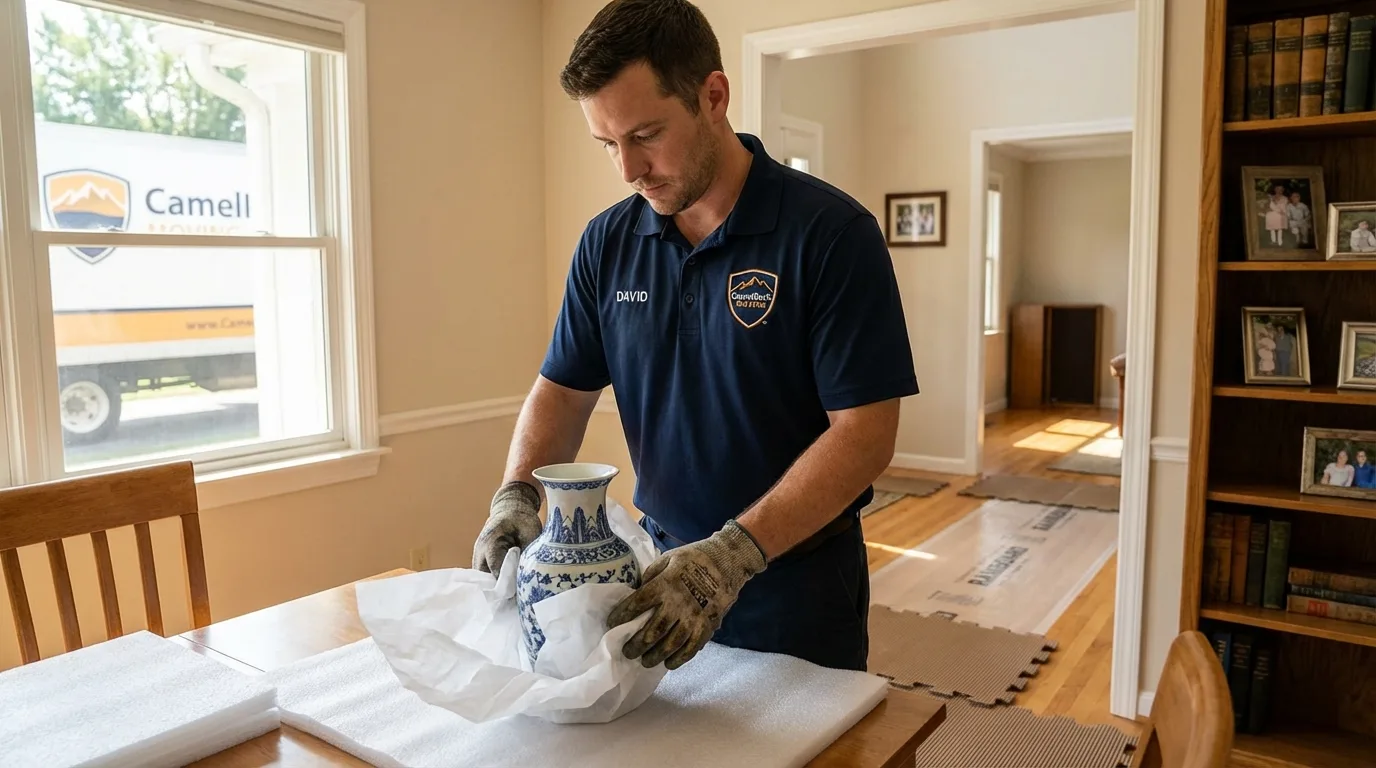 Professional crew carefully wrapping antique vase for senior downsizing move in Fountain Green, UT